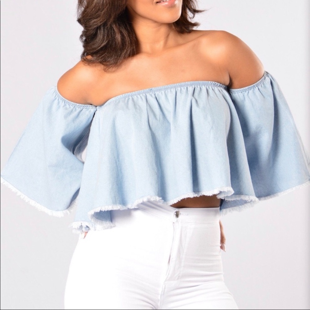Fashion Nova Light Denim Off Shoulder Top